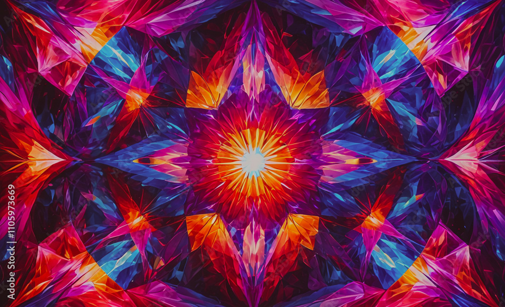Poster colorful design with a red star in the center. the design is made up of many different colored shape