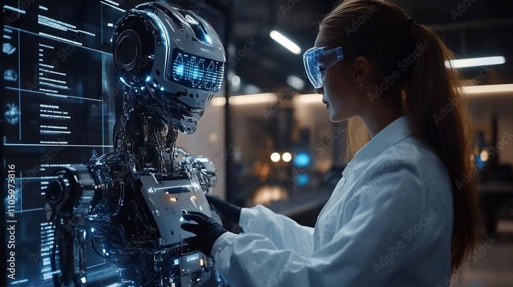 Poster female scientist examines advanced robot in lab.