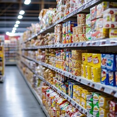 Aisles of Colorful Snack Foods and Cereals in a Grocery Store with Bright Lighting and Neat Organization on a Busy Shopping Day
