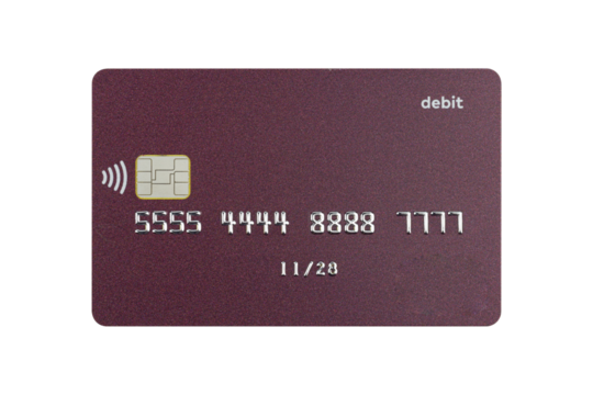 plastic card, credit card, with chip, isolated from background	
