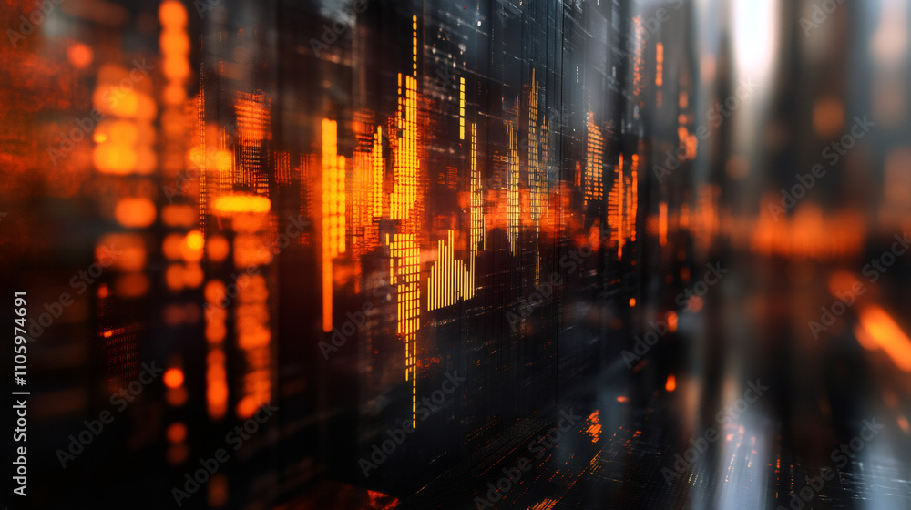 Fototapete orange glowing financial charts and big data analysis displayed on a computer screen, representing m