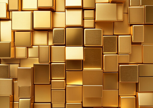 Cubes wall art abstract design of colorful metallic  gold, squares and rectangles, background creative design, banner, retro style