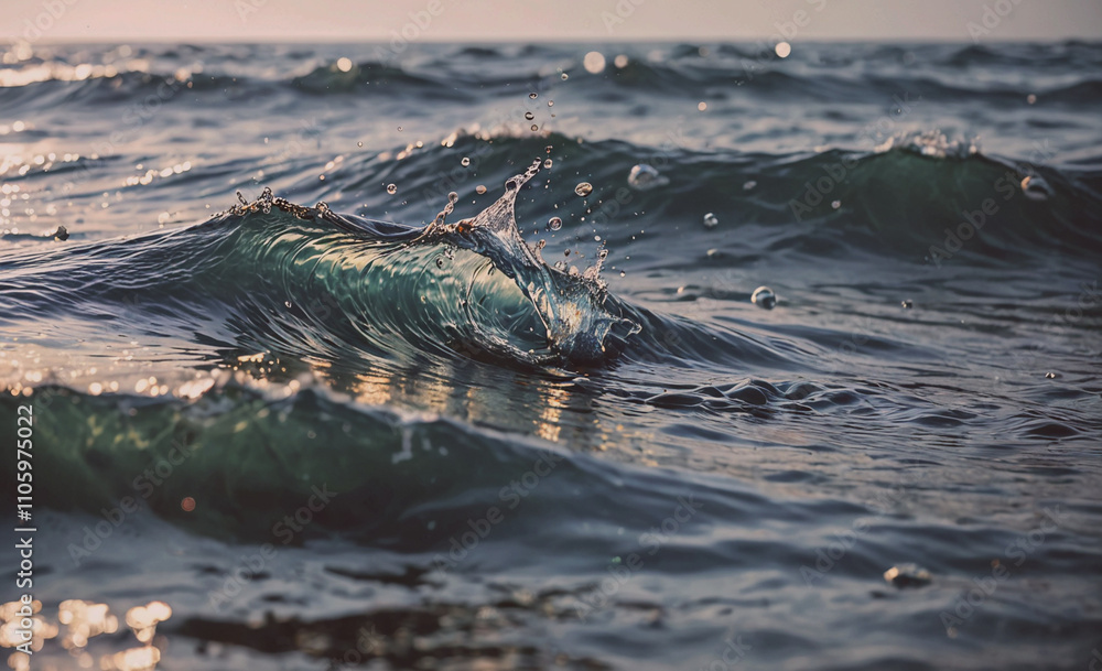Poster wave in the ocean with water splashing out of it. the water is blue. the wave is crashing
