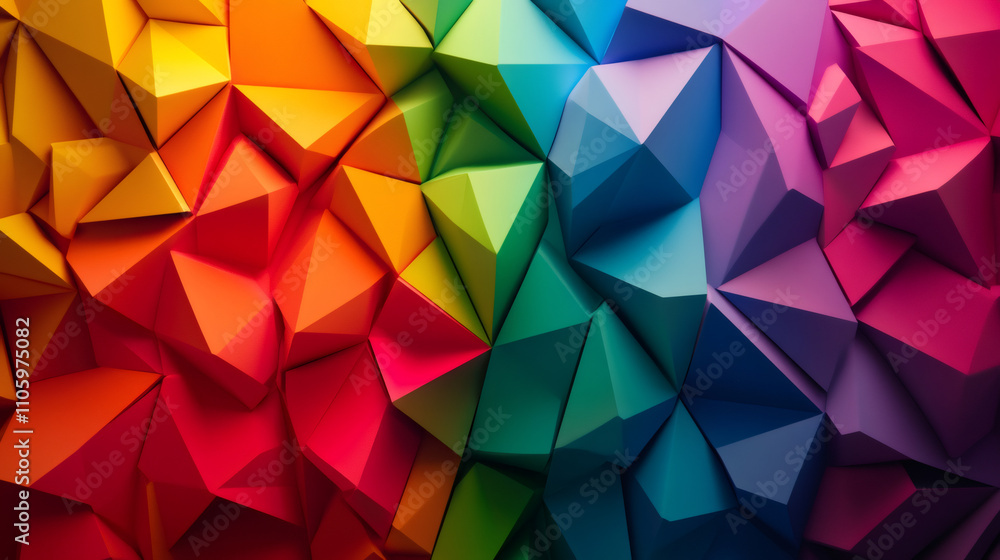 Poster vivid and modern low poly background in rainbow colors, ideal for websites, presentations, or graphi