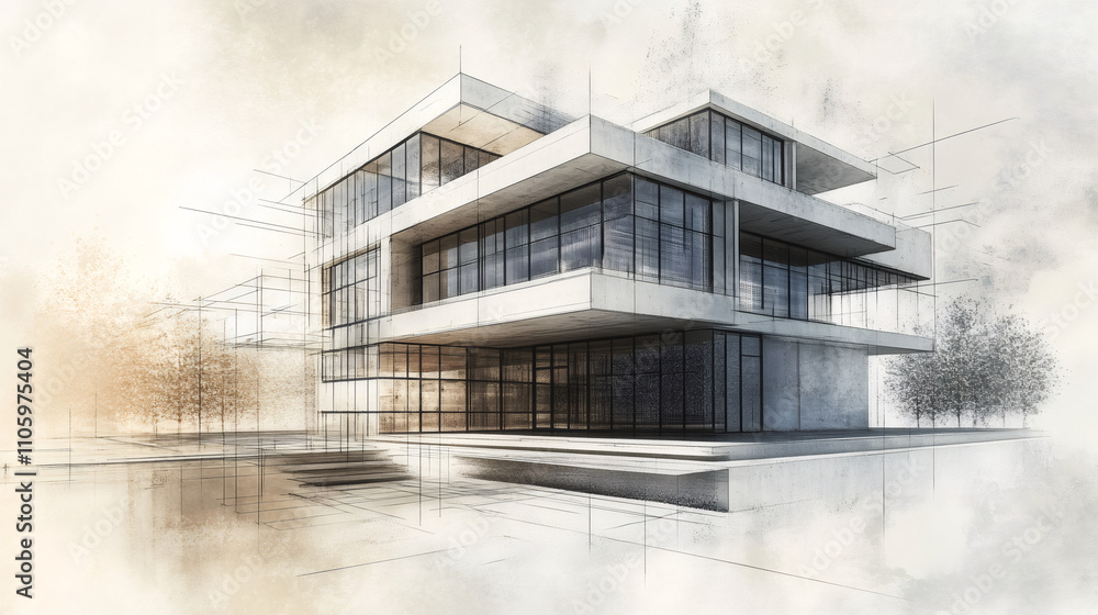 Poster Architectural sketch showcasing a modern, sustainable building design with sleek lines and integrated green spaces