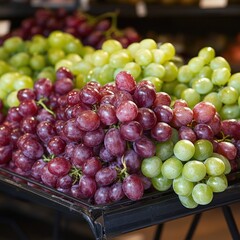 A Vibrant Display of Fresh Red and Green Grapes in a Market Stall, Perfect for Healthy Eating, Recipes, and Fruit Enthusiasts Enjoying Nature's Sweet Treats