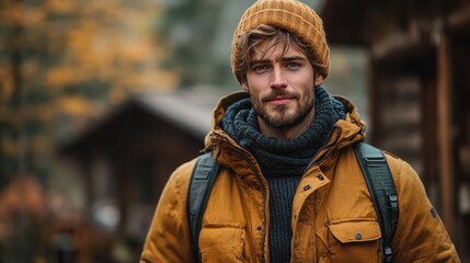 Obraz premium Men lifestyle in off-grid living setups featuring practical and stylish attire for remote adventures