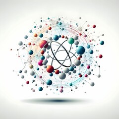 The image features a visually striking representation of an atomic structure, composed of various colorful spheres and interconnected lines. Central to the composition is a stylized atomic symbol, wit