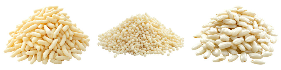 Pile of puffed rice isolated on transparent background, Set of