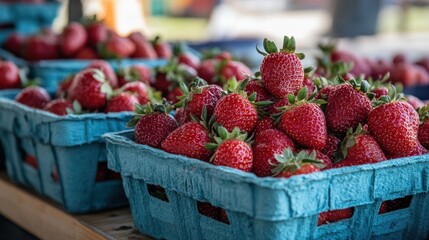 Fresh strawberries in blue baskets at a market, showcasing vibrant produce.
