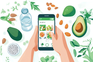 Hands holding a smartphone with a healthy eating app surrounded by fresh avocados, nuts, and greens