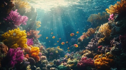 Naklejka premium Environmental non-profit campaign featuring coral reefs and marine life, underwater scenes with vibrant colors, message on ocean conservation and plastic-free future