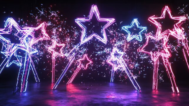 Abstract neon light sculptures shaped like stars and fireworks for a New Year's celebration.
