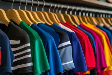 Fototapeta premium Vibrant T-Shirts on Hangers Displaying a Colorful Array in Clothing Store