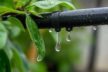 Close-up of Dripping Irrigation Pipe with Fresh Green Leaves Reflecting Sustainable Water Management Practices