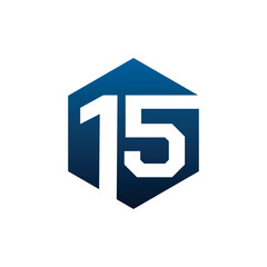 Number fifteen vector logo symbol in the dark blue hexagonal on white background. Vector template for your design