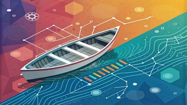 Abstract Boat Illustration with Geometric Background and Lines