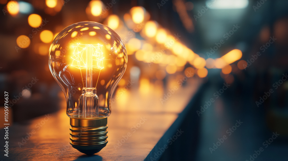 Poster close-up of a glowing light bulb with a network graphic inside, symbolizing innovation and connectiv