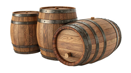 Fototapeta premium Set of wooden oak barrels isolated on white background.AI GENERATED