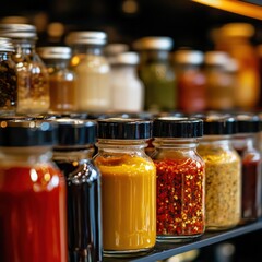 Colorful Assortment of Spices and Condiments in Glass Jars on a Shelf, Showcasing a Variety of Flavors and Textures for Culinary Inspiration and Cooking Creativity