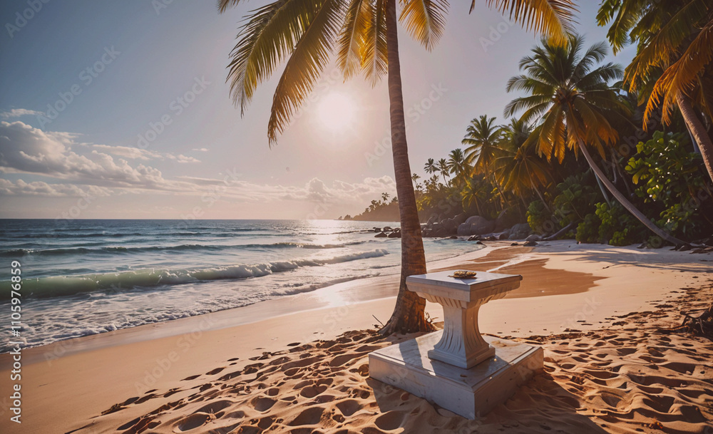 Poster white bench is sitting on the beach next to a palm tree. the bench is empty. the beach is sandy and 