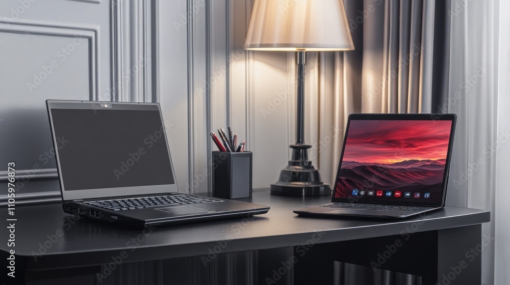 Poster two laptops resting on a dark desk near a lamp