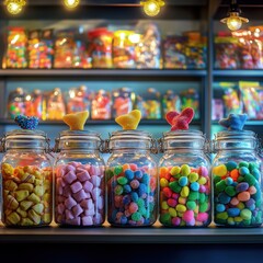 Colorful Display of Candy Jars Filled with Assorted Treats in a Charming Sweet Shop Amidst Soft Lighting and Vibrant Background