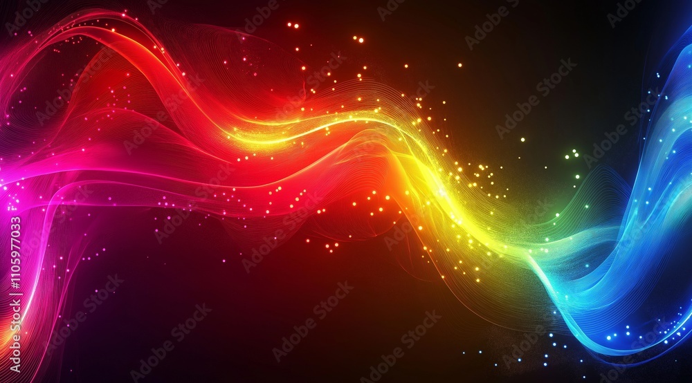Poster abstract tech background in the form of colorful waves, consisting of a large number of digital conn