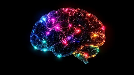A vibrant colorful illuminated human brain illustration