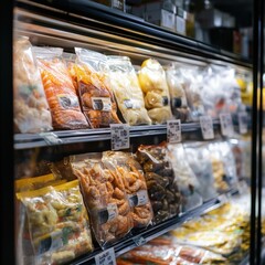 Colorful Display of Various Frozen Seafood in a Grocery Store Freezer, Featuring Shrimp, Fish Fillets, and Other Seafood Products in Plastic Packaging