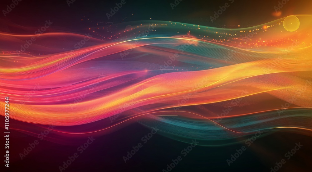 Poster abstract tech background in the form of colorful waves, consisting of a large number of digital conn