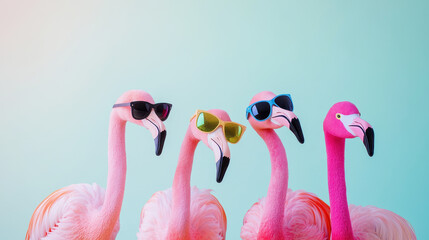 Naklejka premium Vibrant flamingo squad wearing colorful sunglasses in style