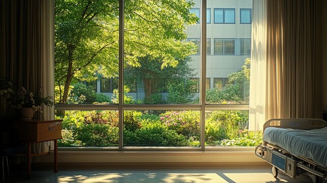 Fototapeta Hospital room with a large window view of a garden, natural light filling the room, studying how access to nature speeds up healing and reduces patient stress