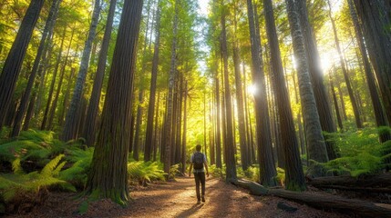 Obraz premium Forest therapy concept, individual walking among tall trees, soft sunlight filtering through leaves, focus on restorative effects of nature on mental health