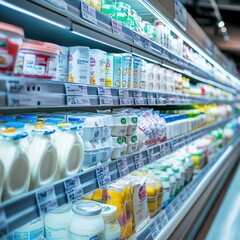 Display of Refrigerated Dairy Products in a Supermarket Aisle Highlighting Cream, Milk, Yogurt, and Various Containers with Bright Lighting and Organized Shelves