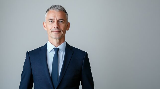 Confident mature Caucasian businessman in his 50s with short gray hair wearing a suit and tie against a neutral background