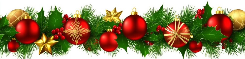 A festive garland featuring snowberries, green Christmas tree branches, and red decorations, set against a white or transparent backdrop.