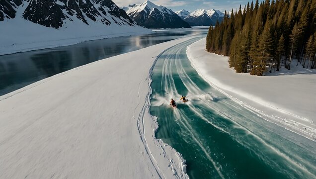 Drone shot of a water skier para-skiing in Alaska.