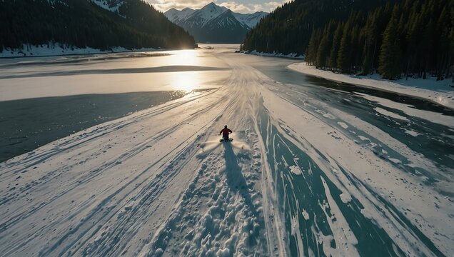 Drone shot of a water skier para-skiing in Alaska.