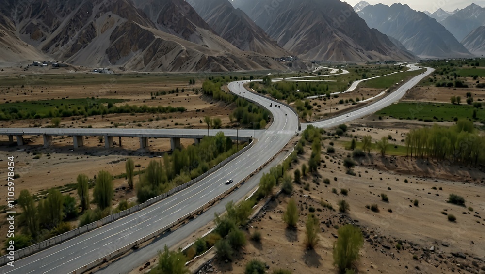 Poster drone shot of empty highways in pakistan's skardu region.