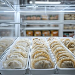 Freshly Made Dumplings Showcase in a Display Case, Highlighting Various Types of Dumplings in a Modern Refrigerator Setting for Culinary Enthusiasts and Foodies