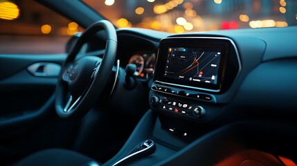 Modern Car Interior Night Driving Navigation Display