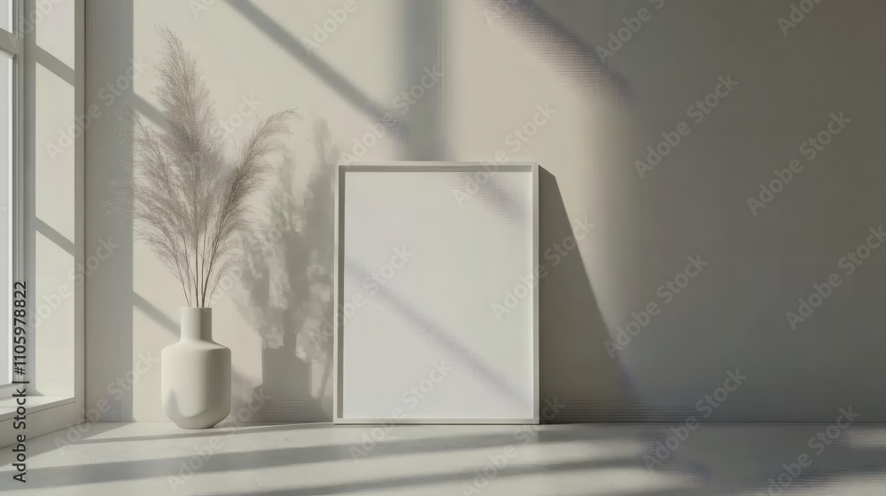 Poster Minimalist interior design with sunlight shining on empty frame mockup and pampas grass in vase next to wall