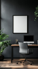 Elegant desk with monitor and swivel chair. Dark wall with mockup frame.