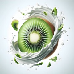 The image features a beautifully rendered close-up of a kiwi slice at the center, surrounded by a dynamic splash of creamy white, resembling whipped cream or yogurt. The kiwi displays its vibrant gree
