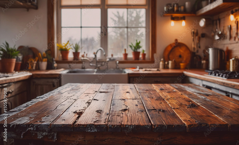 Aufkleber wooden table with a sink in the background. there are potted plants on the table and a few on the co