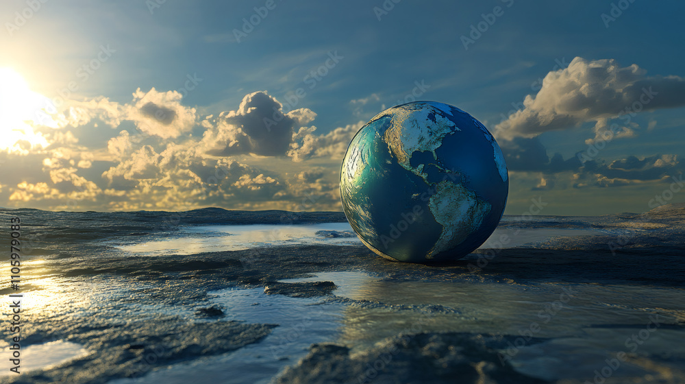 Poster globe on damp soil at sunset with clouds, representing climate change and environmental concerns