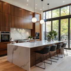 Modern Kitchen Design with Marble Island, Wooden Cabinets, and Large Windows Featuring Natural Light and Greenery: A Serene and Stylish Culinary Space.