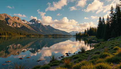 Fototapeta premium Breathtaking mountain lake with reflections and lush greenery under blue sky during golden hour