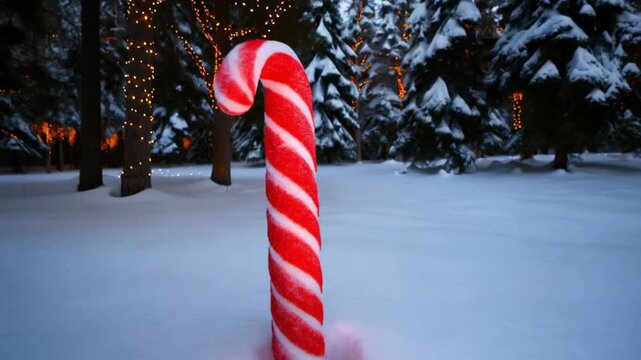 Christmas Candy cane on white snow, surrounded by pine trees and twinkling lights, spreading joy in holiday season. Video made using Generative AI.